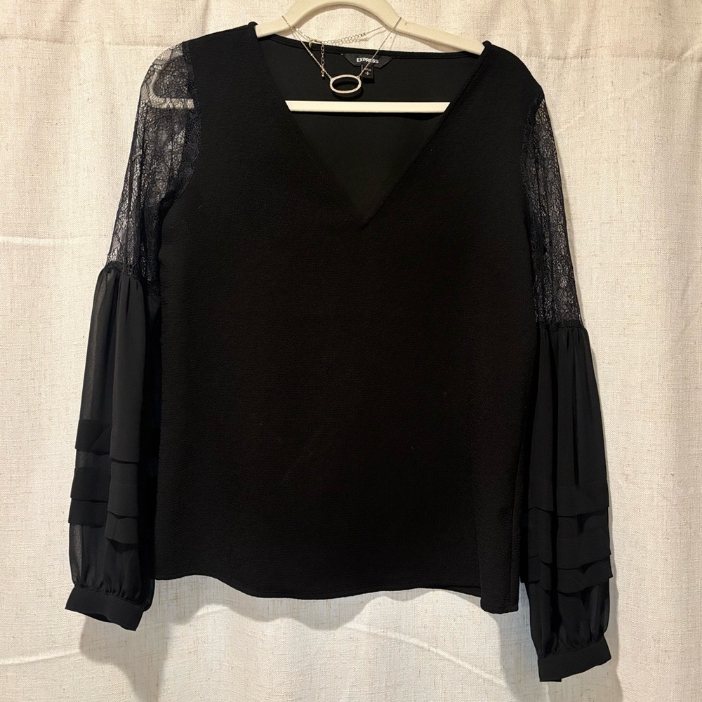 Express Black Lace & Chiffon Sleeve Blouse | Size S